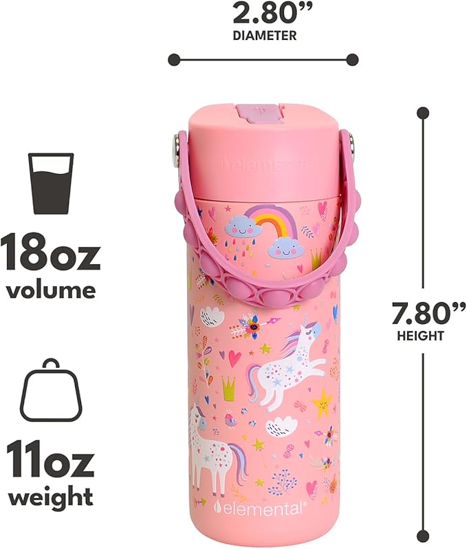 Elemental Insulated Kids Water Bottle, Stainless Steel Water Bottle with Straw Lid & Pop-It Handle, Leak-Proof Water Bottles for School, Boys or Girls, Travelling and Sports, 18oz - Pink Unicorn