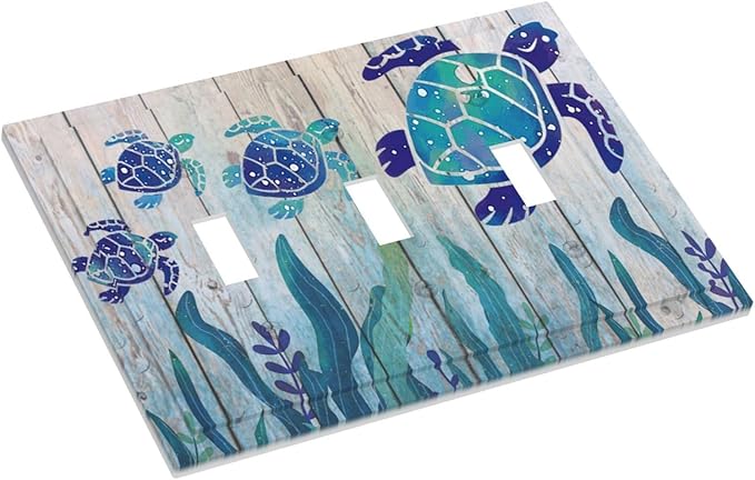 Sea Turtle Grass Seaweed on Rustic Wooden Board Triple Toggle Light Switch Cover 3 Gang Wall Plate Decorative Ocean Grass Seaweed Electrical Facplate for Bathroom Kitchen Home 6.7" x 4.8"