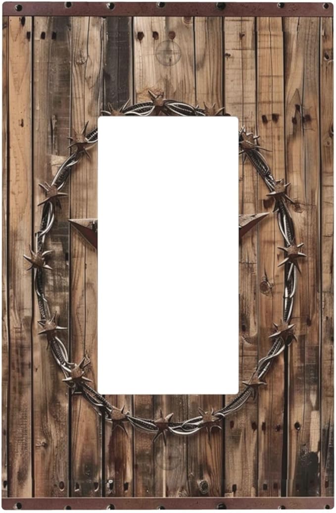 Outlet Covers Rustic Star Western Cowboy Wood 1 Gang Duplex Light Switch Cover Plate Decorative Wall Plates Electrical Switchplate Receptacle for Farmhouse Home Decor（2 Pack）