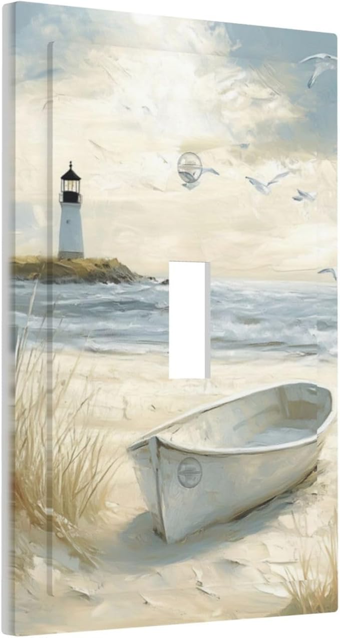 Sea Beach 1 Gang Light Switch Cover Single Toggle Wall Plate Old Ship Reed Lighthouse Seascape Decorative Electrical Switchplate Covers for Country Bedroom Kitchen Living Room Decor