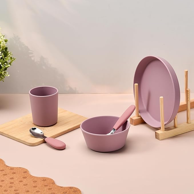 Complete tableware set, 6 pieces, water cups, dinner plates, divided dinner plates, bowls, spoons, and forks. (Purple)