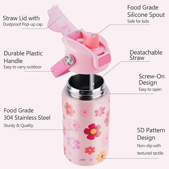 Kids Water Bottle for School 12 oz,Insulated Stainless Steel Water Bottle for Kids,Water Bottles for Toddler Girls Boys with Pop-Up Straw-Cap(Flower)
