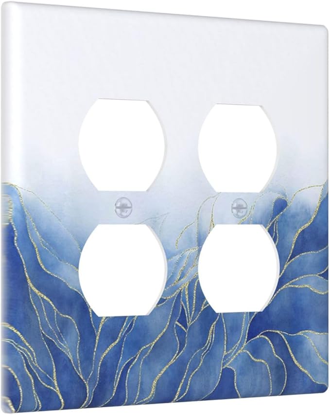 Decorative Light Switch Cover Plate Blue Gold Leaf Marble Modern Abstract 2 Gang Decorative Switch Plates 1 Toggle Duplex Combo Outlet Covers GFCI Plug Covers Wallplates for Kitchen Bathroom Decor