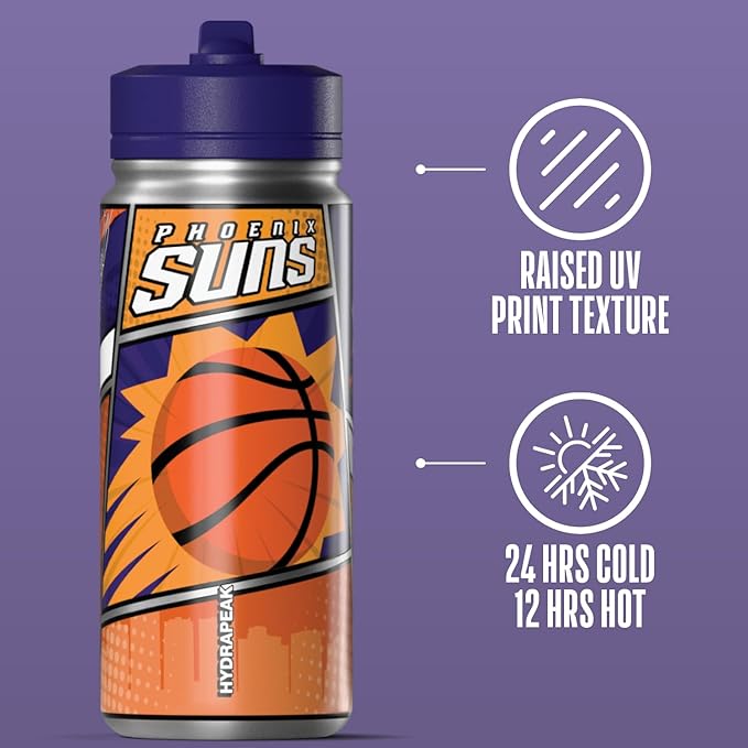 Hydrapeak x NBA Phoenix Suns 20 oz Stainless Steel Water Bottle, Officially Licensed Double Wall Insulated Sports Bottle with Straw Lid, Reusable Leakproof Gift for Kids & Adults