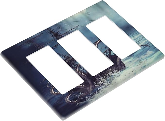 Octopus Ocean Kraken Nautical Pirate Ship 3 Gang Rocker Light Switch Covers Decorative Unique Triple Outlet Wall Plate Cover Faceplate Decorative Switchplate GFCI for Kitchen Bedroom Decor
