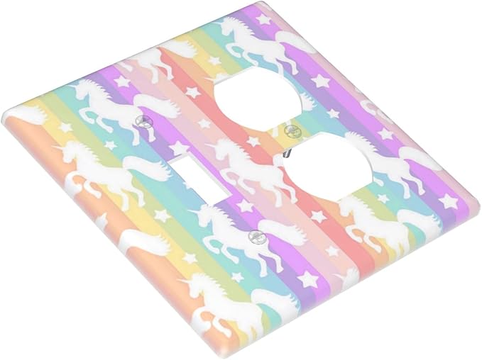 Cute Stars Colorful Rainbow Unicorn Light Switch Cover 2 Gang Combination Wall Plate 1 Toggle 1 Receptacle Duplex Switch Plate Funny Cartoon Kids Girl Bedroom Nursery Decor Combo Device Outlet Cover