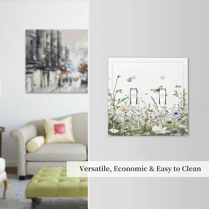 Colorful Wildflowers Daisy Plant Butterfly Floral Decorative Switch Plates 2 Gang Double Toggle Outlet Light Switch Cover Wall Plate Electrical Faceplate for Bed Room Living Room Decor