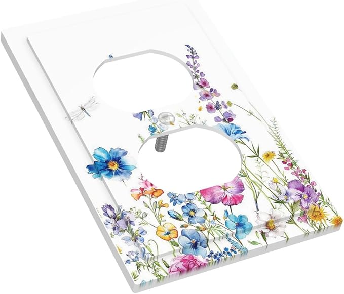 Outlet Covers Boho Colorful Flowers Plants And Dragonflies 1 Gang Duplex Light Switch Cover Electrical Receptacle Faceplate Wall Plate Decorative Switch Plates for Bedroom living Room Decor