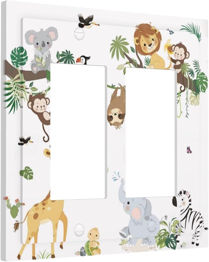 Jungle Animals Tree Branch Monkey Giraffe Lion Elephant Decorative Outlet Covers 2 Gang Double GFCI Rocker Electrical Wall Panels Light Switch Cover Plate for Kids Room Nursery Decor