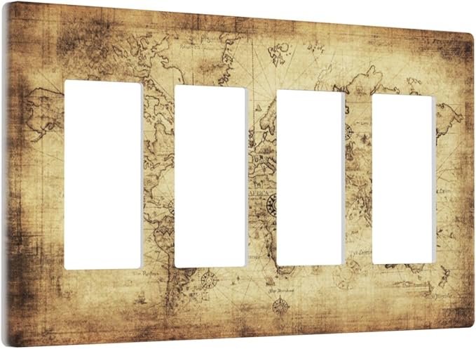 Old World Ocean Map 4 Gang Quad Rocker Light Switch Cover Plate Decorative Electric Faceplate Switchplate Living Room Bedroom Decorate Jumbo Screwless