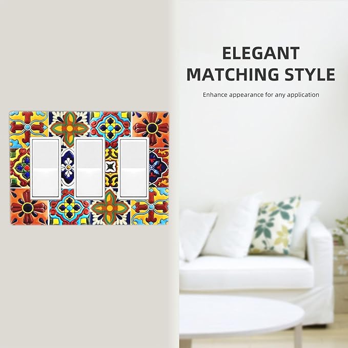 Boho Mexican Moroccan Tile 3 Gang Triple Rocker/Decorator Light Switch Wall Plate Cover Decorative Gfci Electrical Faceplate Switchplate Room Decorate