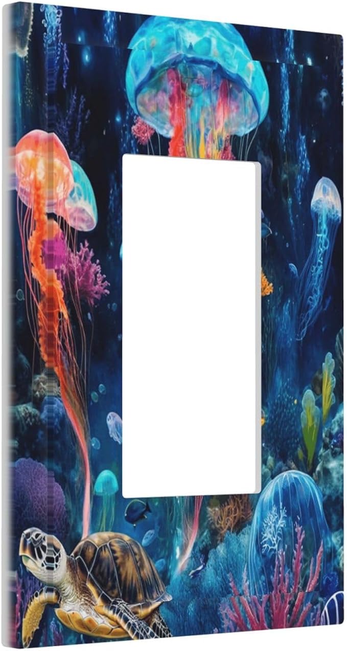 Jellyfish Sea Turtle Fantasy Ocean Coral Underwater World Decorative Outlet Covers 1 Gang Single Rocker Light Switch Cover Plate Wall Plates GFCI Faceplate for Nursery Kids Room Decor