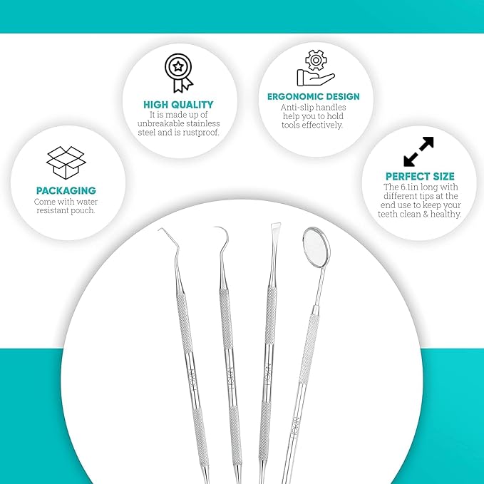 Dental Tools HOKIN Plaque Remover Teeth Cleaning Tool 4 Pcs Dental Care Kit Tooth Filling Repair Set Stainless Steel Dental Tools for Men Women Kids and Pet Care