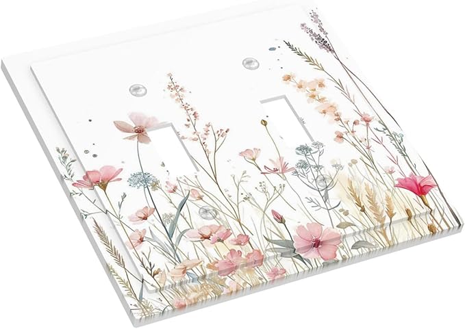 Watercolor Wildflower Pink Flower Plant Floral Decorative Switch Plates 2 Gang Double Toggle Outlet Light Switch Cover Wall Plate Electrical Faceplate for Bedroom Living Room Decor