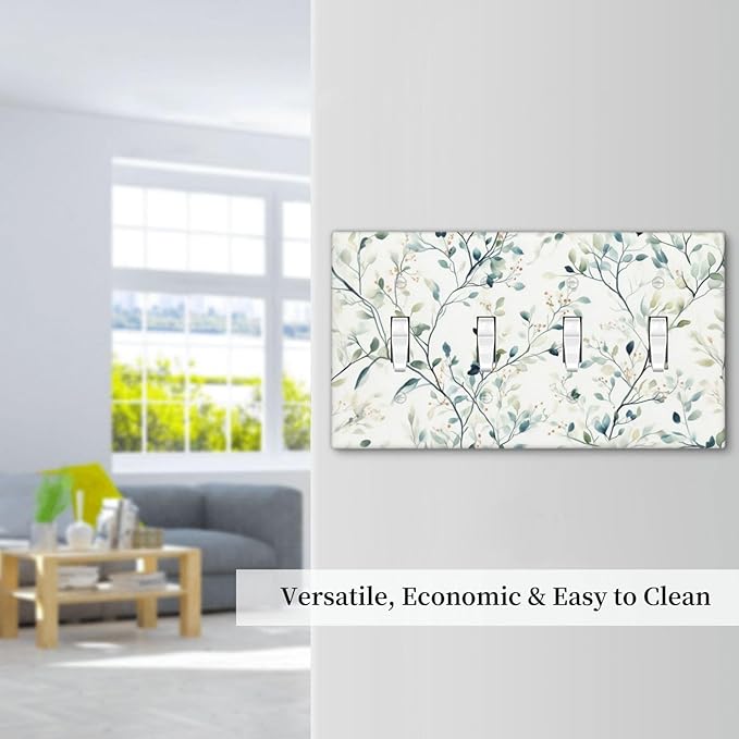 Watercolor Floral Green Leaves Quad Toggle Light Switch Cover Green Botanical Flowers 4 Gang Wall Plate Decorative Electrical Switchplates Covers for Bedroom Kitchen Living Room Decor