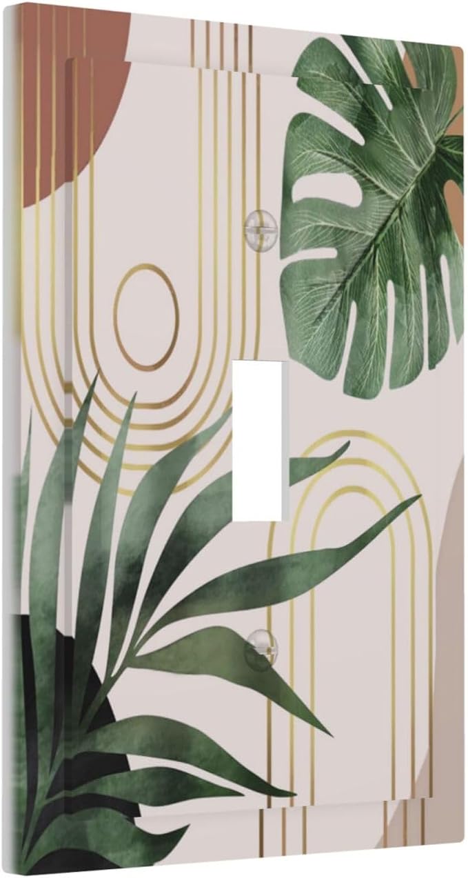Mid Century Bohemian Modern Abstract Minimalist Boho Neutral Art Vintage Leaves Arch 1-Gang Outlet Light Switch Plate Decorative Single Toggle Face Wall Plate Electrical Receptacle Cover Large Size