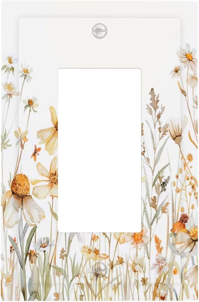 Yellow White Daisy Floral Bee Wild Flower Decorative Outlet Covers 1 Gang Single Rocker Light Switch Cover Plate Wall Plates GFCI Faceplate for Bedroom Living Room Decor