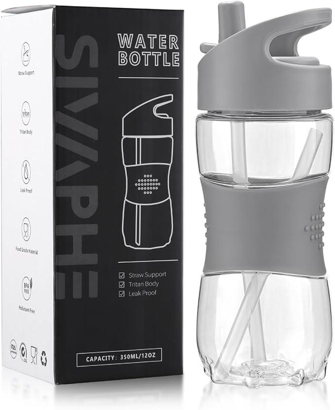 Sivaphe Clear Water Bottle with Straw 12 oz Portable Tritan Transparent Sports Drinking Bottle for School Girls Boys Grey