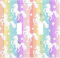 Funny Watercolor Kids Girl Bedroom Cute Colorful Rainbow Stripe Unicorn Purple Pink 2 Gang Electrical Double Toggle Outlet Light Switch Wall Plate Decorative Receptacle Face Switchplate Cover Mid Size