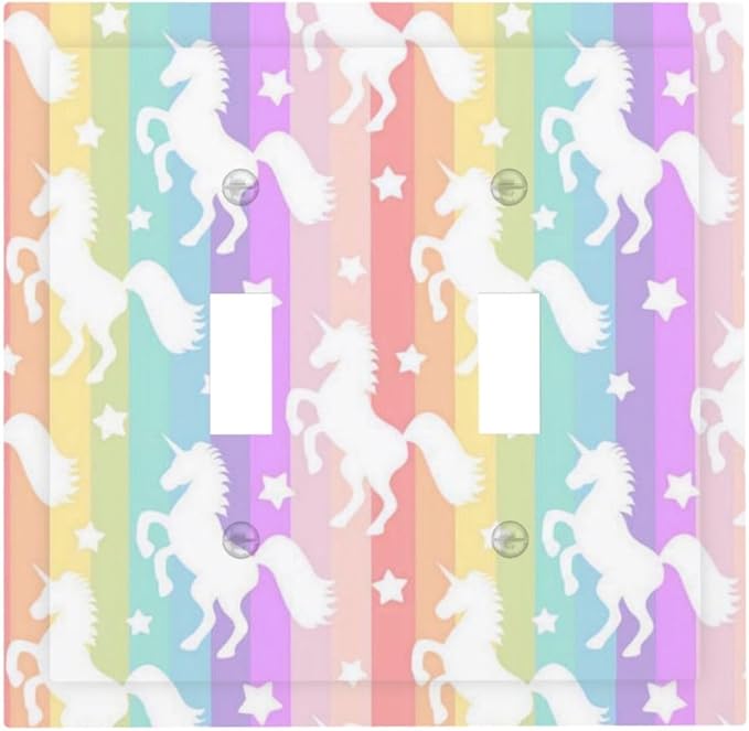 Funny Watercolor Kids Girl Bedroom Cute Colorful Rainbow Stripe Unicorn Purple Pink 2 Gang Electrical Double Toggle Outlet Light Switch Wall Plate Decorative Receptacle Face Switchplate Cover Mid Size