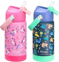 rockpapa 2 Pack Kids Insulated Water Bottle with Straw, BPA-Free, Stainless Steel, Leak Proof 14OZ Metal Cup Water Bottle for School Boys Girls (Unicorn+Dinosaur)