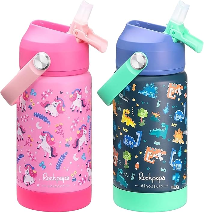 rockpapa 2 Pack Kids Insulated Water Bottle with Straw, BPA-Free, Stainless Steel, Leak Proof 14OZ Metal Cup Water Bottle for School Boys Girls (Unicorn+Dinosaur)