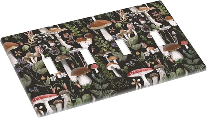 Black Boho Moth Botanic Mushroom Decorative 4 Gang Quad Toggle Light Switch Cover Electric Large Size Quadruple Faceplate Decorative Switch Face Wallplate