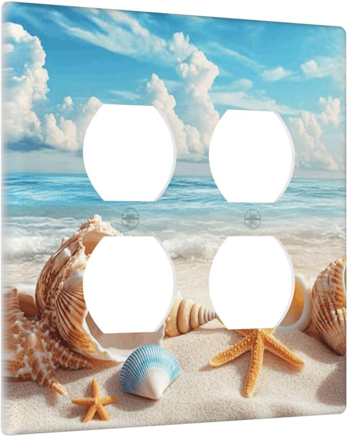 Beach Coastal Seashore Sea Starfish Shell Sand Outlet Covers 2 Gang Double Duplex Decorative Light Switch Covers Electrical Wallplates Socket Faceplate for Bathroom Home Decor