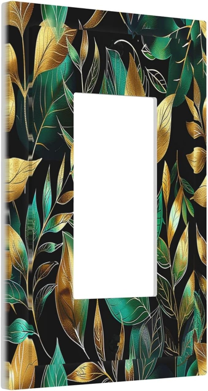 Decorative Outlet Covers Vintage Dark Green Vine Leaf Golden Plants 1 Gang Single Rocker Light Switch Cover Plate Wall Plates GFCI Faceplate for Bed Room Cabin Decor