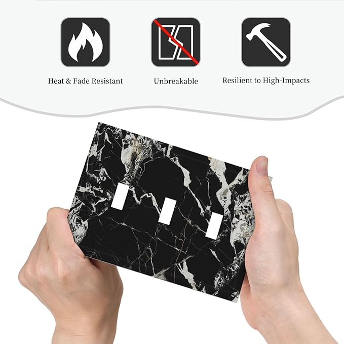 Black Marble Patterns Low Key Luxurious Decorative Switch Plates 3 Gang Wall Plate Triple Toggle Light Switch Cover Faceplate Electrical Wall Panels for Bathroom Kitchen Decor
