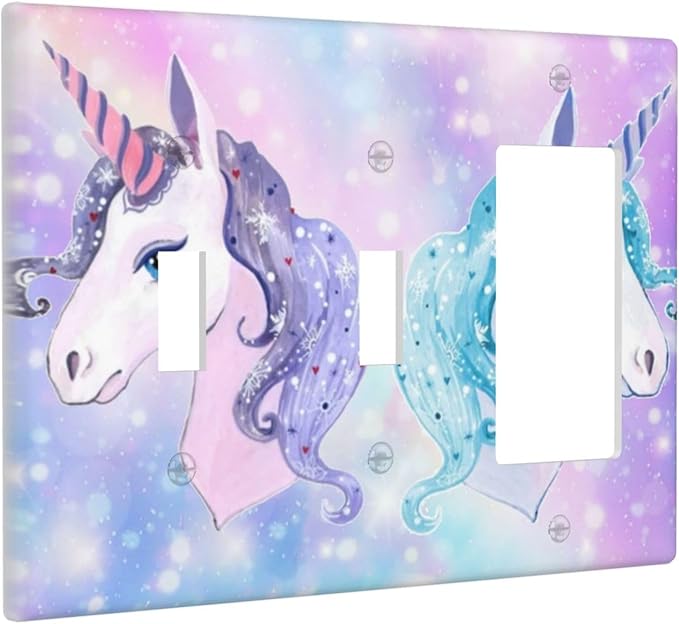 Dreamy Purple/Blue Rainbow Unicorn 3-Gang Combination Double Toggle/Single Decorator Outlet Wall Plate Cute Kid Girls Electric Decorative 2-Toggle 1-Rocker/GFCI Combo Light Switch Cover (Not Glitter)