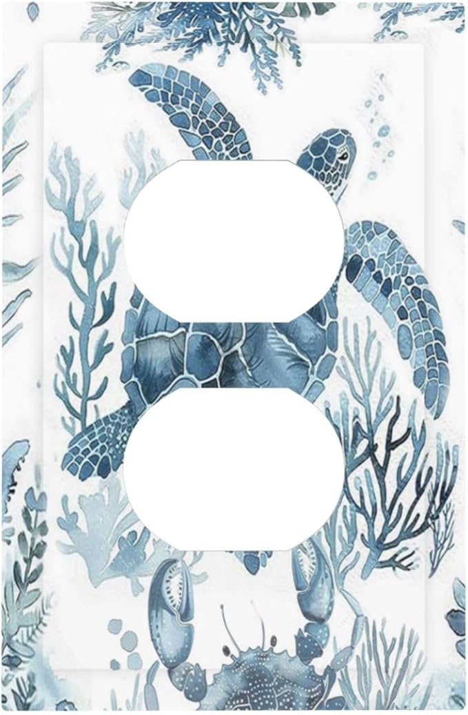 Blue Sea Turtle Coastal Coral Beach Crab Seaweed Outlet Covers 1 Gang Duplex Light Switch Cover Decorative Switch Plates Electrical Receptacle Faceplate Wall Plate for Kids Room Bathroom Decor