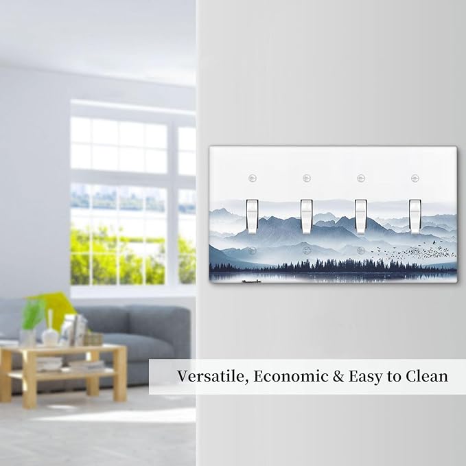 Light Switch Covers Mountain Foggy Lake Boat Grey Blue Forest Birds Quad Toggle 4 Gang Wall Plate Electrical Faceplate Decorative Switch Plates for Bedroom living Room Decor