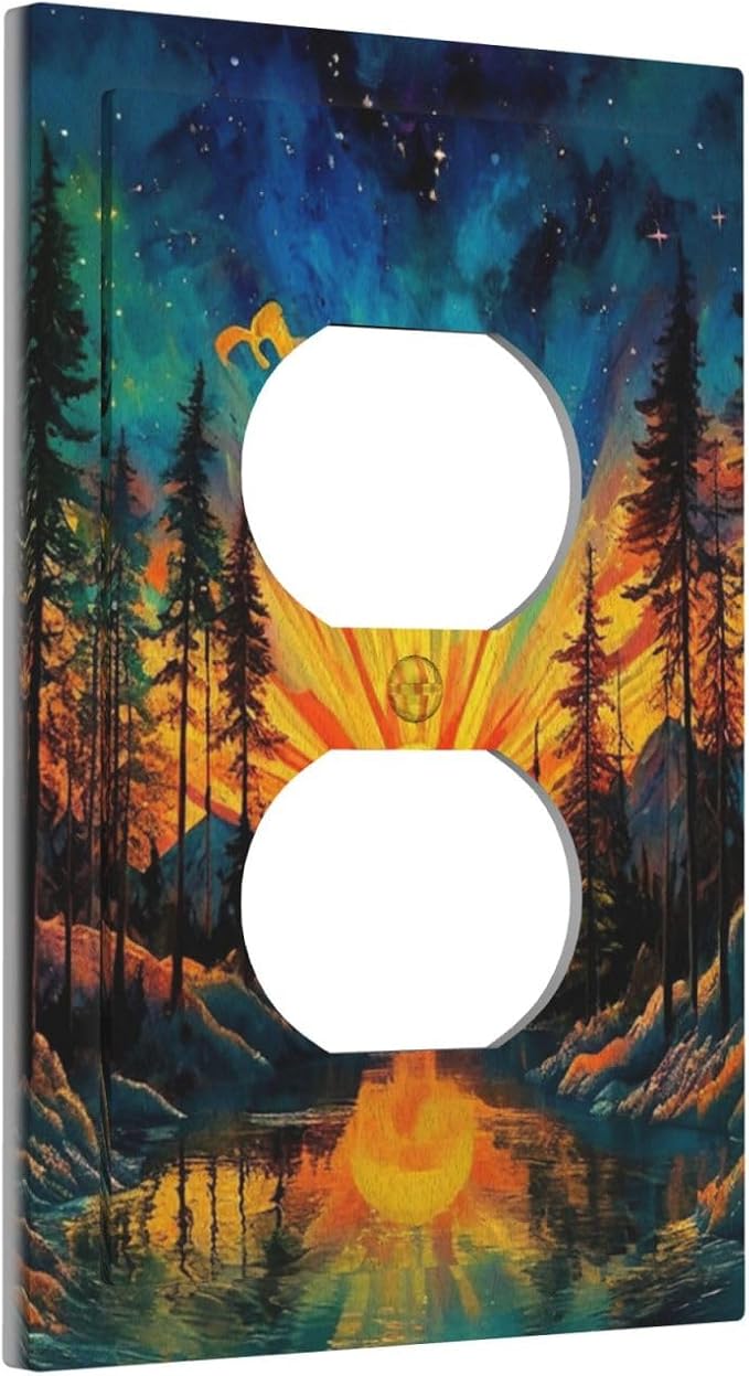 Decorative Outlet Covers Vintage Forest Sun Boho Mountain Starry Sky 1 Gang Duplex Light Switch Cover Plate Electrical Switch plates Wall Plates Receptacle Covers for Bathroom Bedroom Decor