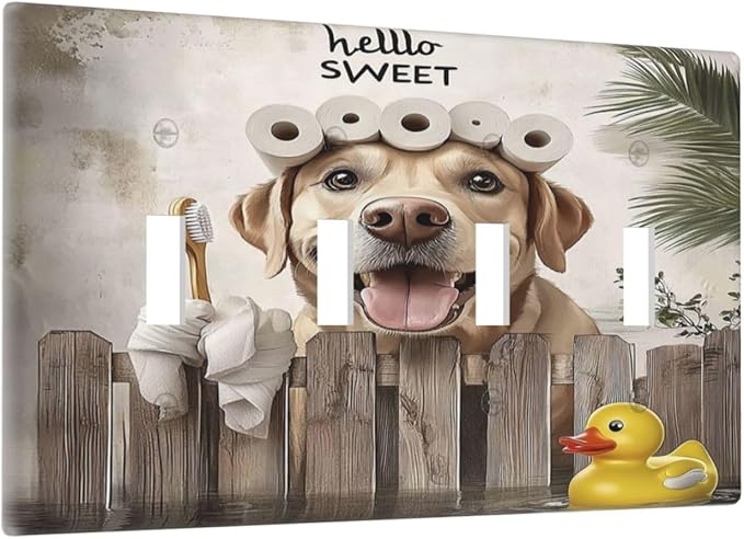 Funny Dog Rustic Farmhouse Wooden Fence Labrador Light Switch Covers Quad Toggle Electrical Faceplate 4 Gang Wall Plate Decorative Switch Plates For Kids Room Bathroom Decor