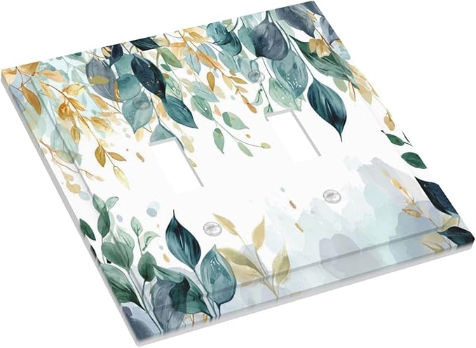 Boho Goldgreen Leaf Botanical Eucalyptus Leaves Decorative Switch Plates 2 Gang Double Toggle Outlet Light Switch Cover Wall Plate Electrical Faceplate for Bedroom Living Room Decor