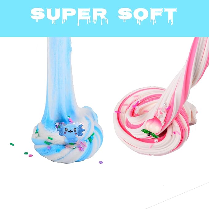Axolotl Cloud Slime and Pink Peach Butter Slime Kit,Dual Colored New Charms,Super Soft and Non-Sticky, Stress Relief Toy Party Favors Birthday Gifts for Girls.