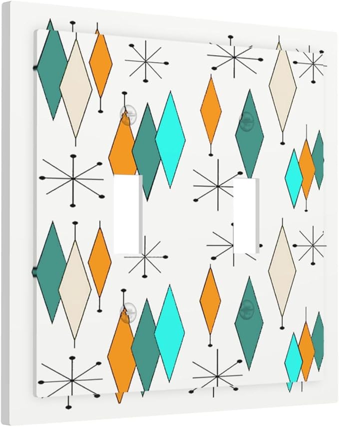 70s 60S Abstract Boho Geometric Light Switch Plate Cover 2-Gang Mid Century Blue/Green/Teal Retro Art Stars Atomic Double Toggle Wall Plate Decorative Dual Device Outlet Wallplate Faceplate Cover