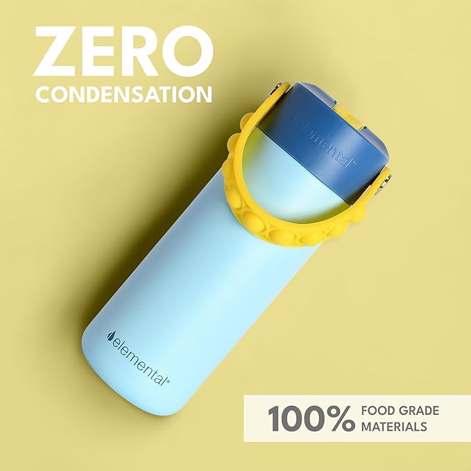 Elemental Insulated Kids Water Bottle, Stainless Steel Water Bottle with Straw Lid & Pop-It Handle, Leak-Proof Water Bottles for School, Boys or Girls, Travelling and Sports, 18oz - Sunny Sky