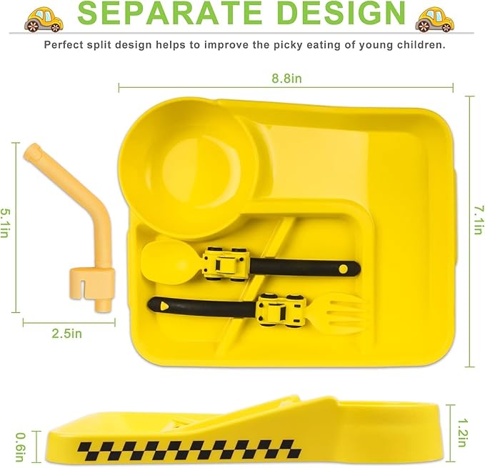 Deinyi Construction Toddler Plates - Construction Utensils for Toddlers - Easter and Birthday Gift Toddler Utensils for 1 2 3 4 5 6 7 year - Yellow
