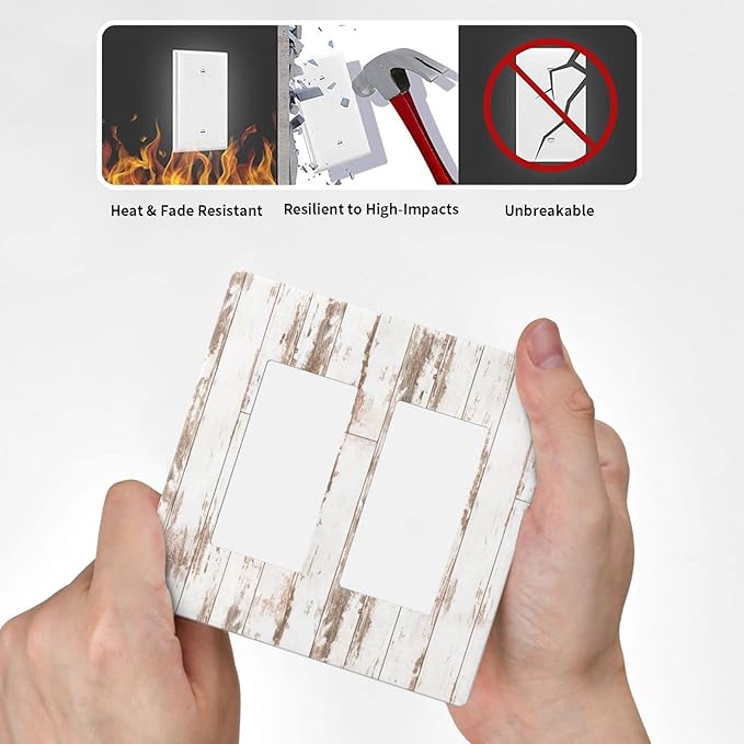 White Grey Wood 2 Gang Double Rocker/Decor Light Switch Cover Decorative Outlet Wall Plate Electrical Faceplate Home Bedroom Art Panel Decor Screwless 4.7" x 4.6