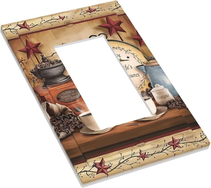 Country Life Coffee Beans Texas Star Bar Clock 1-Gang Decorator Rocker Outlet Light Switch Cover Dining Room Kitchen Cafe Cup Decorative Single Device GFCI Receptacle Switch Wall Plate Dimmer Mid Size