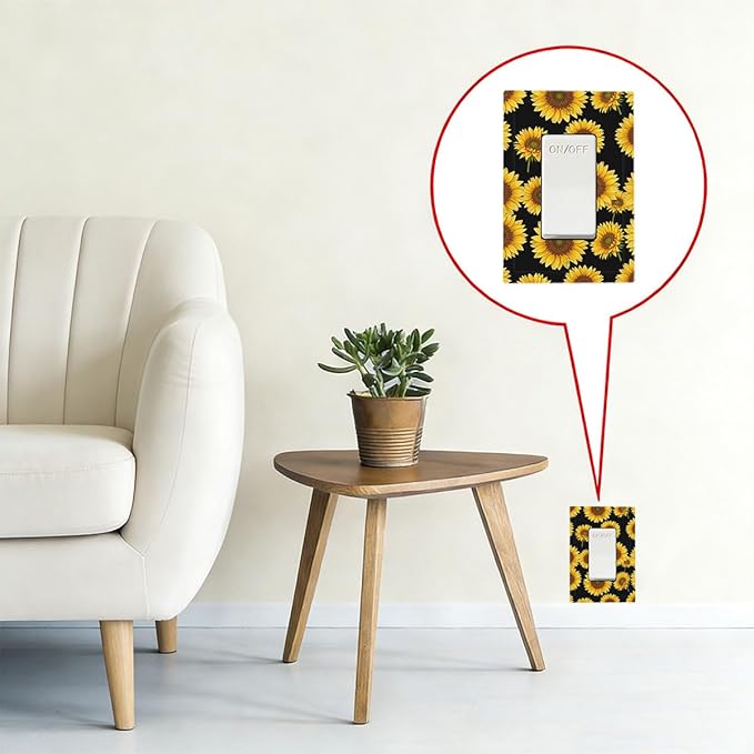 Sunflower Fields Single Rocker Switch Cover - 1-Gang Standard US Size Vibrant Sunflower on Black Light Switch Covers, Boho Sunny Garden for Bedroom Decor