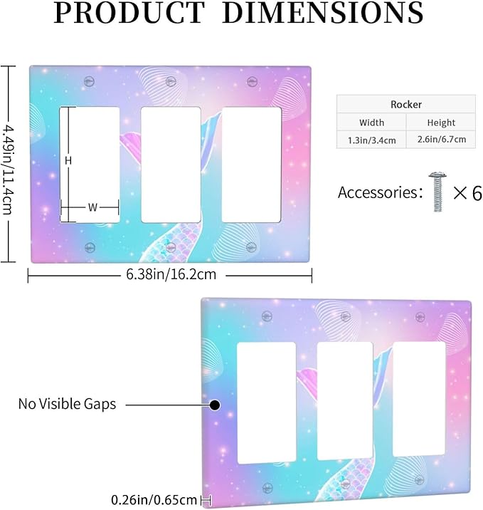 Mermaid 3 Gang Rocker Outlet Covers Triple Rocker Light Switch Cover Rainbow Tail Scales Jelly Fish Switchplates Decorative Electrical Wall Plate for Nursery Girls Boys Room Kids Room Decor