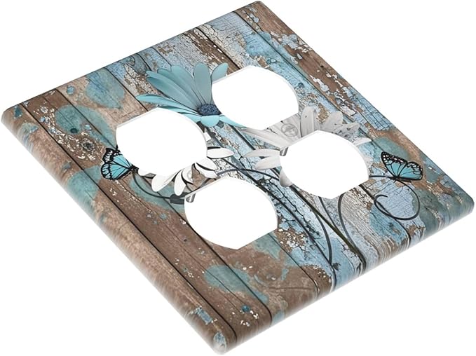 Outlet Covers Rustic Flower Teal Turquoise Daisy Butterfly 2 Gang Double Duplex Decorative Light Switch Covers Electrical Wallplates Socket Faceplate For Farmhouse Cabin Decor