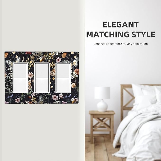 Vintage Flower Leaves Triple Rocker Wall Plates Butterfly Light Switch Plate Covers Decorative Dark Backgrounds GFCI Lightswitch Faceplate Cute Bees Dimmer Decor for Bedroom Kitchen Bathroom