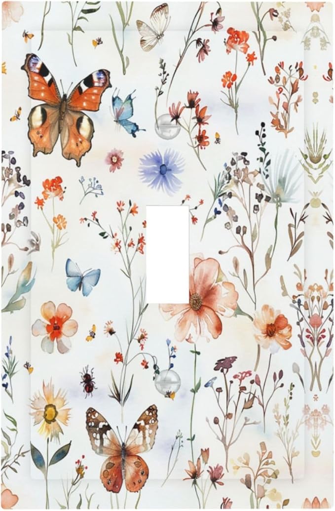 Decorative Light Switch Cover Butterfly Floral Boho Multicolor Flower Leave 1 Gang Single Toggle Device Electrical Faceplate Switchplates Decorator Outlet Wall Plate for Bed Room