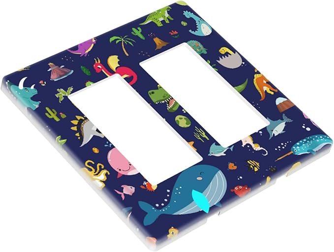 Cartoon Funny Cool Blue/Green Dinosaur 2 Gang Double Decorator GFCI/Rocker Wall Plate Boys Kids Whale Sea Life Dolphin Marine Electrical Outlet Decorative Receptacle Cover Light Switch for Dimmer, USB