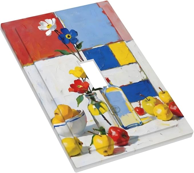 Color Block Floral Still Life Art Red Yellow Blue Abstract Decorative Light Switch Cover 1 Gang Single Toggle Device Electrical Faceplate Switchplates Decorator Outlet Wall Plate for Farmhouse Bedroom