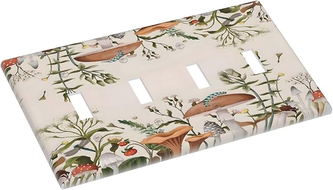 Boho Mushroom Forest Plants Wildflowers Insects Light Switch Covers Quad Toggle Electrical Faceplate 4 Gang Wall Plate Decorative Switch Plates for Kids Room Home Decor